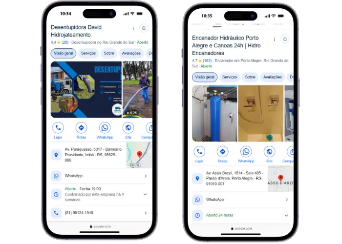 Perfis recuperados no Google — desentupidora e encanador